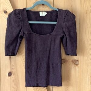 Nation LTD puff sleeve dark brown T-shirt. Super stretch, 100% cotton size S.